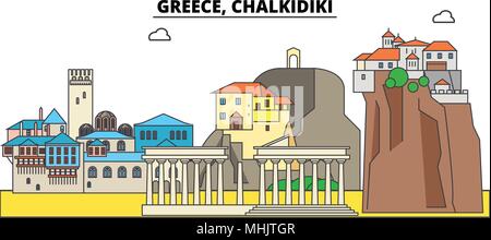 Griechenland, Chalkidiki. Die Skyline der Stadt, Architektur, Gebäude, Straßen, Silhouette, Landschaft, Panorama, Wahrzeichen. Editierbare Anschläge. Flaches Design line Vector Illustration Konzept. Isolierte Symbole Stock Vektor