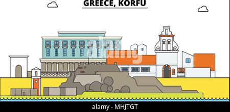 Griechenland, Korfu. Die Skyline der Stadt, Architektur, Gebäude, Straßen, Silhouette, Landschaft, Panorama, Wahrzeichen. Editierbare Anschläge. Flaches Design line Vector Illustration Konzept. Isolierte Symbole Stock Vektor