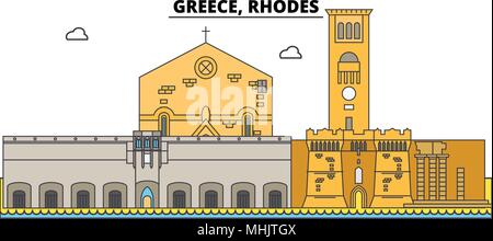 Griechenland, Rhodos. Die Skyline der Stadt, Architektur, Gebäude, Straßen, Silhouette, Landschaft, Panorama, Wahrzeichen. Editierbare Anschläge. Flaches Design line Vector Illustration Konzept. Isolierte Symbole Stock Vektor