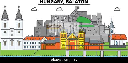 Ungarn, Plattensee. Die Skyline der Stadt, Architektur, Gebäude, Straßen, Silhouette, Landschaft, Panorama, Wahrzeichen. Editierbare Anschläge. Flaches Design line Vector Illustration Konzept. Isolierte Symbole Stock Vektor