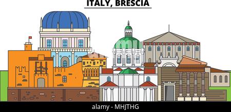 Italien, Brescia. Die Skyline der Stadt, Architektur, Gebäude, Straßen, Silhouette, Landschaft, Panorama, Wahrzeichen. Editierbare Anschläge. Flaches Design line Vector Illustration Konzept. Isolierte Symbole Stock Vektor