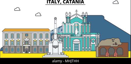 Italien, Catania. Die Skyline der Stadt, Architektur, Gebäude, Straßen, Silhouette, Landschaft, Panorama, Wahrzeichen. Editierbare Anschläge. Flaches Design line Vector Illustration Konzept. Isolierte Symbole Stock Vektor