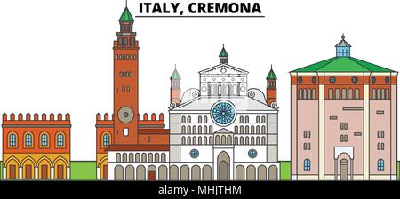 Italien, Cremona. Die Skyline der Stadt, Architektur, Gebäude, Straßen, Silhouette, Landschaft, Panorama, Wahrzeichen. Editierbare Anschläge. Flaches Design line Vector Illustration Konzept. Isolierte Symbole Stock Vektor