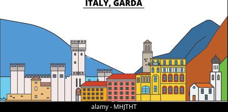 Italien, Gardasee. Die Skyline der Stadt, Architektur, Gebäude, Straßen, Silhouette, Landschaft, Panorama, Wahrzeichen. Editierbare Anschläge. Flaches Design line Vector Illustration Konzept. Isolierte Symbole Stock Vektor