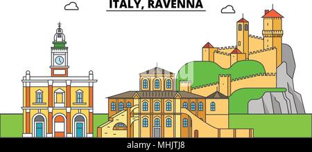 Italien, Ravenna. Die Skyline der Stadt, Architektur, Gebäude, Straßen, Silhouette, Landschaft, Panorama, Wahrzeichen. Editierbare Anschläge. Flaches Design line Vector Illustration Konzept. Isolierte Symbole Stock Vektor