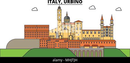 Italien, Urbino. Die Skyline der Stadt, Architektur, Gebäude, Straßen, Silhouette, Landschaft, Panorama, Wahrzeichen. Editierbare Anschläge. Flaches Design line Vector Illustration Konzept. Isolierte Symbole Stock Vektor