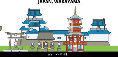 Japan, Wakayama. Die Skyline der Stadt, Architektur, Gebäude, Straßen, Silhouette, Landschaft, Panorama, Wahrzeichen. Editierbare Anschläge. Flaches Design line Vector Illustration Konzept. Isolierte Symbole Stock Vektor