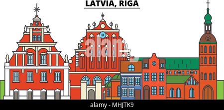 Lettland, Riga. Die Skyline der Stadt, Architektur, Gebäude, Straßen, Silhouette, Landschaft, Panorama, Wahrzeichen. Editierbare Anschläge. Flaches Design line Vector Illustration Konzept. Isolierte Symbole Stock Vektor