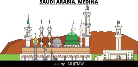 Saudi-arabien, Medina. Die Skyline der Stadt, Architektur, Gebäude, Straßen, Silhouette, Landschaft, Panorama, Wahrzeichen. Editierbare Anschläge. Flaches Design line Vector Illustration Konzept. Isolierte Symbole Stock Vektor