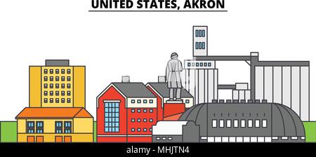 United States, Akron. Die Skyline der Stadt, Architektur, Gebäude, Straßen, Silhouette, Landschaft, Panorama, Wahrzeichen. Editierbare Anschläge. Flaches Design line Vector Illustration Konzept. Isolierte Symbole Stock Vektor