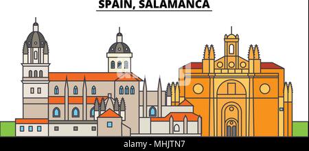 Spanien Salamanca. Die Skyline der Stadt, Architektur, Gebäude, Straßen, Silhouette, Landschaft, Panorama, Wahrzeichen. Editierbare Anschläge. Flaches Design line Vector Illustration Konzept. Isolierte Symbole Stock Vektor