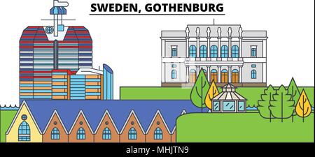 Schweden, Göteborg. Die Skyline der Stadt, Architektur, Gebäude, Straßen, Silhouette, Landschaft, Panorama, Wahrzeichen. Editierbare Anschläge. Flaches Design line Vector Illustration Konzept. Isolierte Symbole Stock Vektor