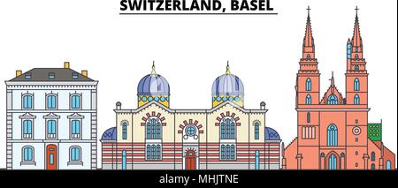 Schweiz, Basel. Die Skyline der Stadt, Architektur, Gebäude, Straßen, Silhouette, Landschaft, Panorama, Wahrzeichen. Editierbare Anschläge. Flaches Design line Vector Illustration Konzept. Isolierte Symbole Stock Vektor