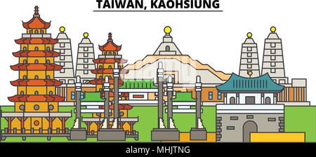 Taiwan Kaohsiung. Die Skyline der Stadt, Architektur, Gebäude, Straßen, Silhouette, Landschaft, Panorama, Wahrzeichen. Editierbare Anschläge. Flaches Design line Vector Illustration Konzept. Isolierte Symbole Stock Vektor