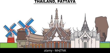 Thailand, Pattaya. Die Skyline der Stadt, Architektur, Gebäude, Straßen, Silhouette, Landschaft, Panorama, Wahrzeichen. Editierbare Anschläge. Flaches Design line Vector Illustration Konzept. Isolierte Symbole Stock Vektor