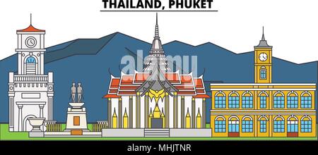 Thailand, Phuket. Die Skyline der Stadt, Architektur, Gebäude, Straßen, Silhouette, Landschaft, Panorama, Wahrzeichen. Editierbare Anschläge. Flaches Design line Vector Illustration Konzept. Isolierte Symbole Stock Vektor