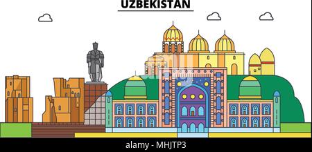 Usbekistan. Die Skyline der Stadt, Architektur, Gebäude, Straßen, Silhouette, Landschaft, Panorama, Wahrzeichen. Editierbare Anschläge. Flaches Design line Vector Illustration Konzept. Isolierte Symbole Stock Vektor