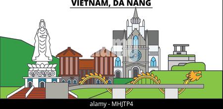 Vietnam Da Nang. Die Skyline der Stadt, Architektur, Gebäude, Straßen, Silhouette, Landschaft, Panorama, Wahrzeichen. Editierbare Anschläge. Flaches Design line Vector Illustration Konzept. Isolierte Symbole Stock Vektor