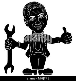 Silhouette der Klempner Mann mit einem großen Schraubenschlüssel in der Hand, Schablone Vektor cartoon Vector Illustration Stock Vektor