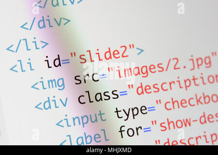 Html Code entwickeln. Programmierung Workflow abstrakter Algorithmus Konzept. Zeilen HTML-Code sichtbar. Stockfoto