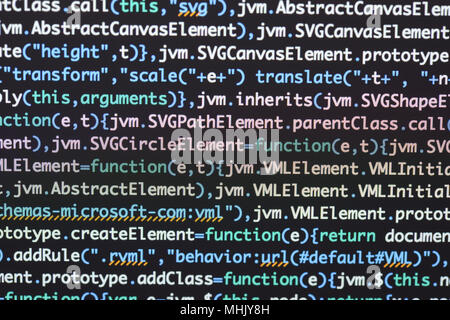 Echten Java Script Code entwickeln. Programmierung Workflow abstrakter Algorithmus Konzept. Nahaufnahme von Java Script und HTML-Code. Stockfoto