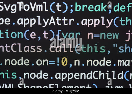 Echten Java Script Code entwickeln. Programmierung Workflow abstrakter Algorithmus Konzept. Nahaufnahme von Java Script und HTML-Code. Stockfoto