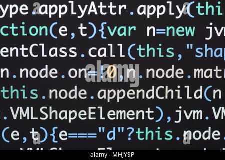 Echten Java Script Code entwickeln. Programmierung Workflow abstrakter Algorithmus Konzept. Nahaufnahme von Java Script und HTML-Code. Stockfoto