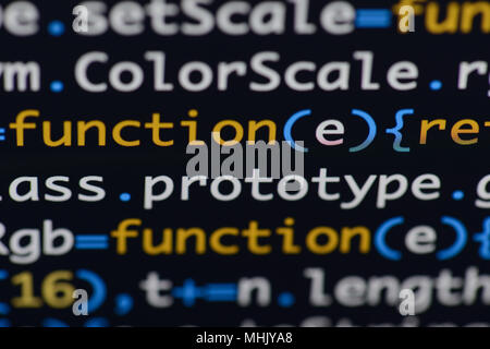 Echten Java Script Code entwickeln. Programmierung Workflow abstrakter Algorithmus Konzept. Nahaufnahme von Java Script und HTML-Code. Stockfoto