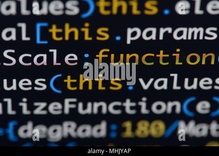 Echten Java Script Code entwickeln. Programmierung Workflow abstrakter Algorithmus Konzept. Nahaufnahme von Java Script und HTML-Code. Stockfoto