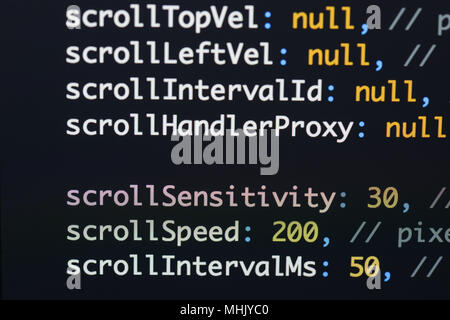 Echten Java Script Code entwickeln. Programmierung Workflow abstrakter Algorithmus Konzept. Nahaufnahme von Java Script und HTML-Code. Stockfoto