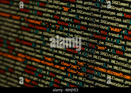 Echten Java Script Code entwickeln. Programmierung Workflow abstrakter Algorithmus Konzept. Nahaufnahme von Java Script und HTML-Code. Stockfoto