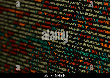 Echten Java Script Code entwickeln. Programmierung Workflow abstrakter Algorithmus Konzept. Nahaufnahme von Java Script und HTML-Code. Stockfoto
