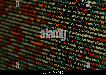 Echten Java Script Code entwickeln. Programmierung Workflow abstrakter Algorithmus Konzept. Nahaufnahme von Java Script und HTML-Code. Stockfoto