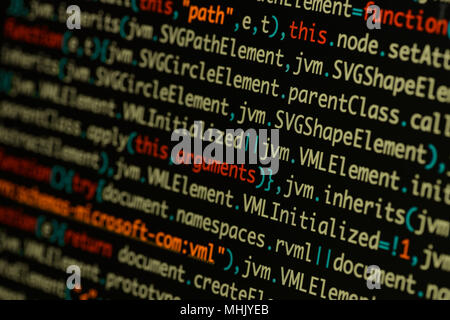 Echten Java Script Code entwickeln. Programmierung Workflow abstrakter Algorithmus Konzept. Nahaufnahme von Java Script und HTML-Code. Stockfoto