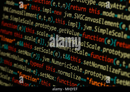 Echten Java Script Code entwickeln. Programmierung Workflow abstrakter Algorithmus Konzept. Nahaufnahme von Java Script und HTML-Code. Stockfoto