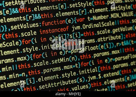 Echten Java Script Code entwickeln. Programmierung Workflow abstrakter Algorithmus Konzept. Nahaufnahme von Java Script und HTML-Code. Stockfoto