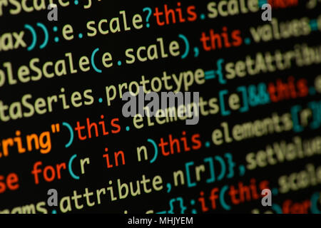 Echten Java Script Code entwickeln. Programmierung Workflow abstrakter Algorithmus Konzept. Nahaufnahme von Java Script und HTML-Code. Stockfoto