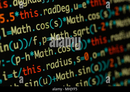 Echten Java Script Code entwickeln. Programmierung Workflow abstrakter Algorithmus Konzept. Nahaufnahme von Java Script und HTML-Code. Stockfoto