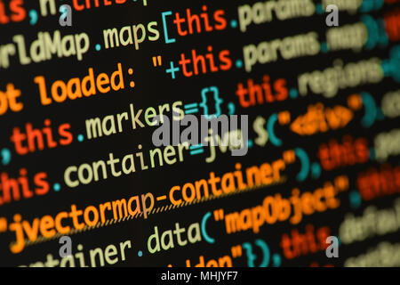 Echten Java Script Code entwickeln. Programmierung Workflow abstrakter Algorithmus Konzept. Nahaufnahme von Java Script und HTML-Code. Stockfoto