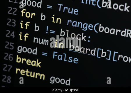 Real Python Code entwickeln. Programmierung Workflow abstrakter Algorithmus Konzept. Linien von Python Code sichtbar unter der Lupe. Stockfoto