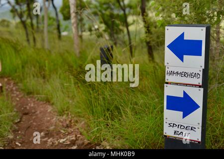 Hammerhead und Spider bait Mountainbike-strecke Zeichen, Mount Stuart Wanderwege, Townsville, Queensland, Australien Stockfoto