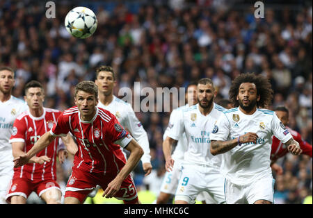 Madrid, Spanien. Mai, 2018. Thomas Müller (FC Bayern München), die in Aktion während der UEFA Champions League Halbfinale Rückspiel Spiel zwischen Real Madrid und Bayern München im Santiago Bernabeu. Credit: SOPA Images Limited/Alamy leben Nachrichten Stockfoto