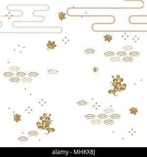 Japanische Muster Vektor. Gold Hintergrund Textur der Natur Symbole wie Wave, trockene Blätter, Cloud für das Deckblatt, Vorlage, Plakat, Postkarte. Stockfoto