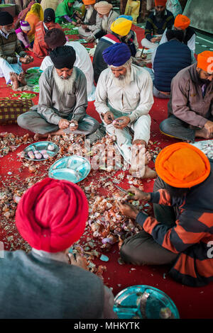 Freiwillige Zwiebeln vorbereiten, Kochen, die Mahlzeiten für die Pilger, die den goldenen Tempel besuchen, dienen jeden Tag, sie kostenlose Nahrungsmittel für 60.000-80.000 p Stockfoto