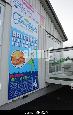 Frankie's Preisgekrönte Fisch und Chip Shop im Brae Shetland. Nr. 1 Fisch und Chip Shop in Großbritannien gestimmt. Stockfoto