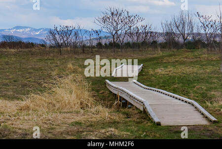 Holz Weg führt den Hügel hinauf, um einen Blick auf die grünen Berge von Vermont mit Schnee auf Mount Mansfield im frühen Frühjahr Stockfoto