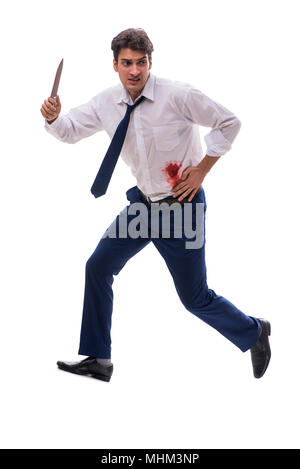 Verletzte Geschäftsmann mit Blut Flecken auf weißem Hintergrund Stockfoto