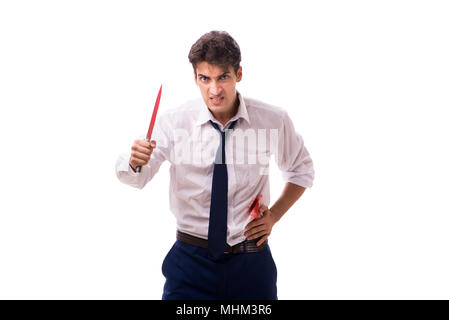 Verletzte Geschäftsmann mit Blut Flecken auf weißem Hintergrund Stockfoto