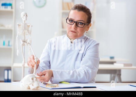 Frau Doktor Studium menschliche Skelett Stockfoto