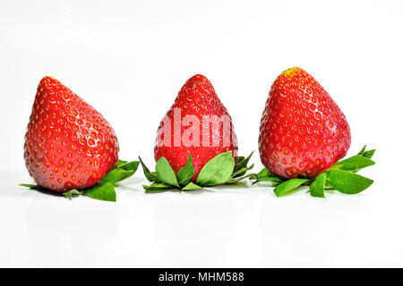 Frische rote reif und lecker Erdbeeren mit grünen Kelchblättern schließen auf weißem Hintergrund Stockfoto